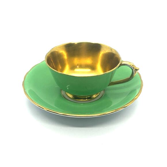Vintage Demitasse Tuscan Fine Bone China Green And Gold Tea Cup, Saucer England - Picture 1 of 9